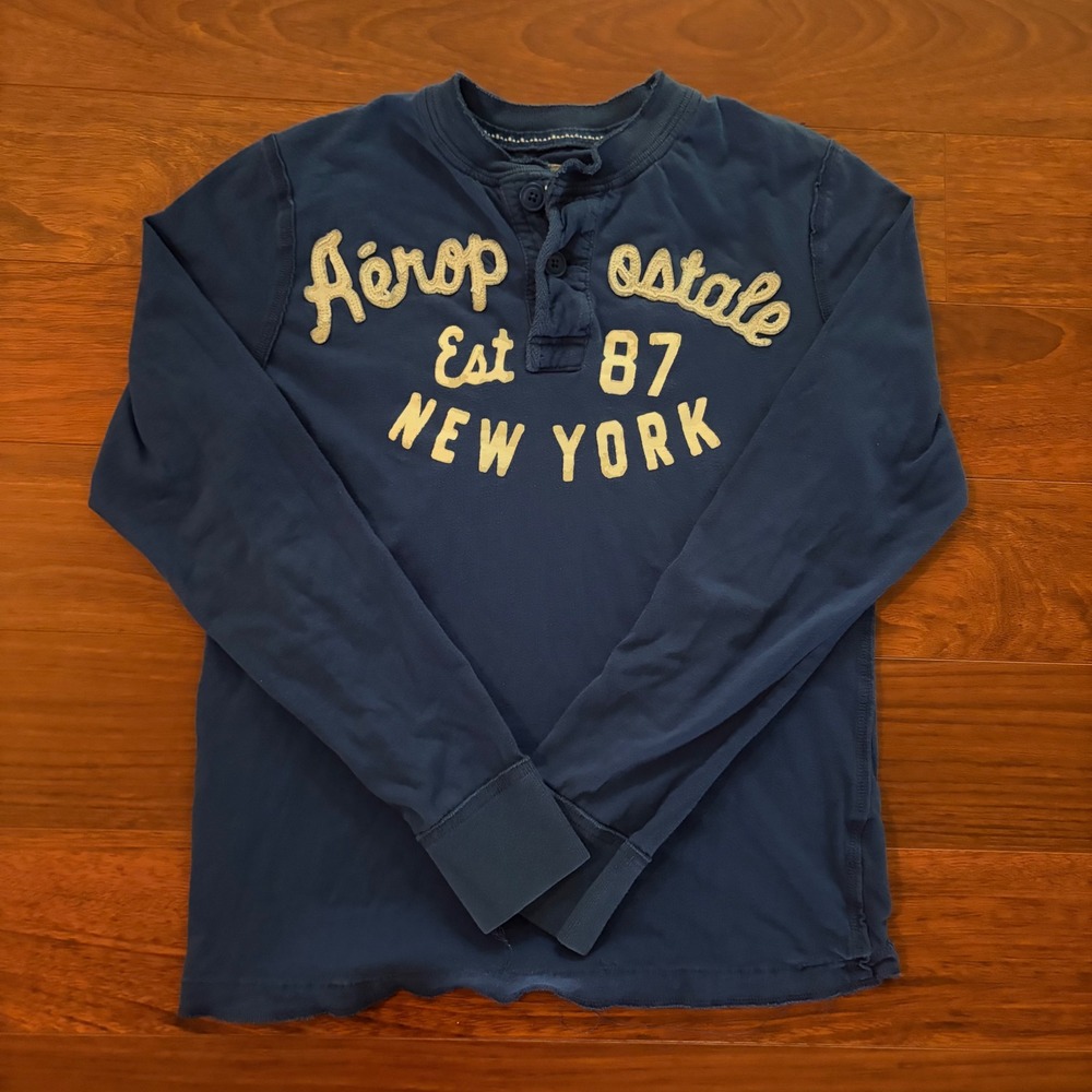 Aeropostale Mens Henley Shirt Small Blue Long Sleeve 1987 Y2K Cotton Tee